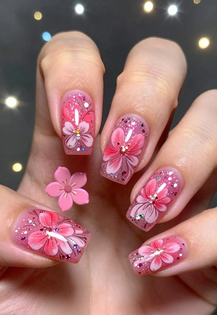 10 Adorable Pink Flower Nail Designs for Your Next Manicure (You Must Try #4!) - 9. Glitzy Floral Accents 1
