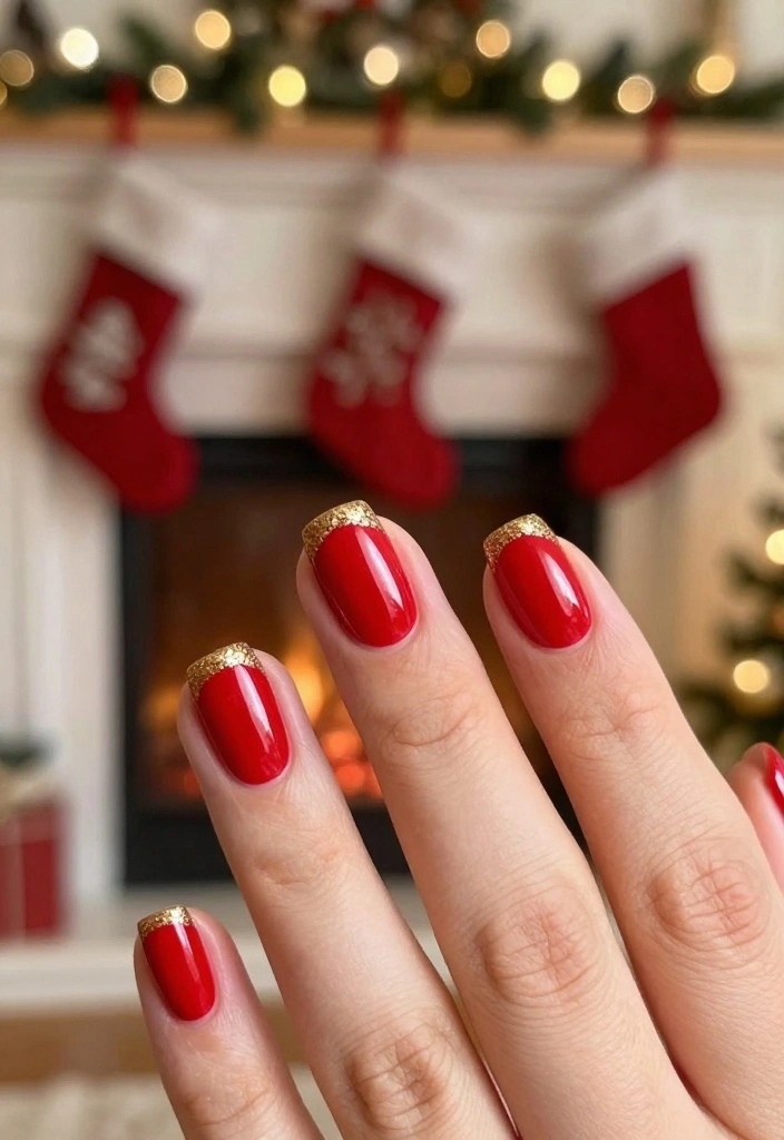 10 Classy Christmas Short Nails That Will Steal the Show This Holiday Season! - 1. Classic Red with Gold Glitter Tips 1