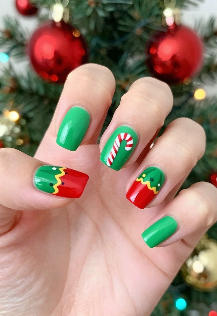 10 Cute Christmas Nail Designs That Are Perfect for Any Holiday Gathering! - 9. Playful Elf Designs 1