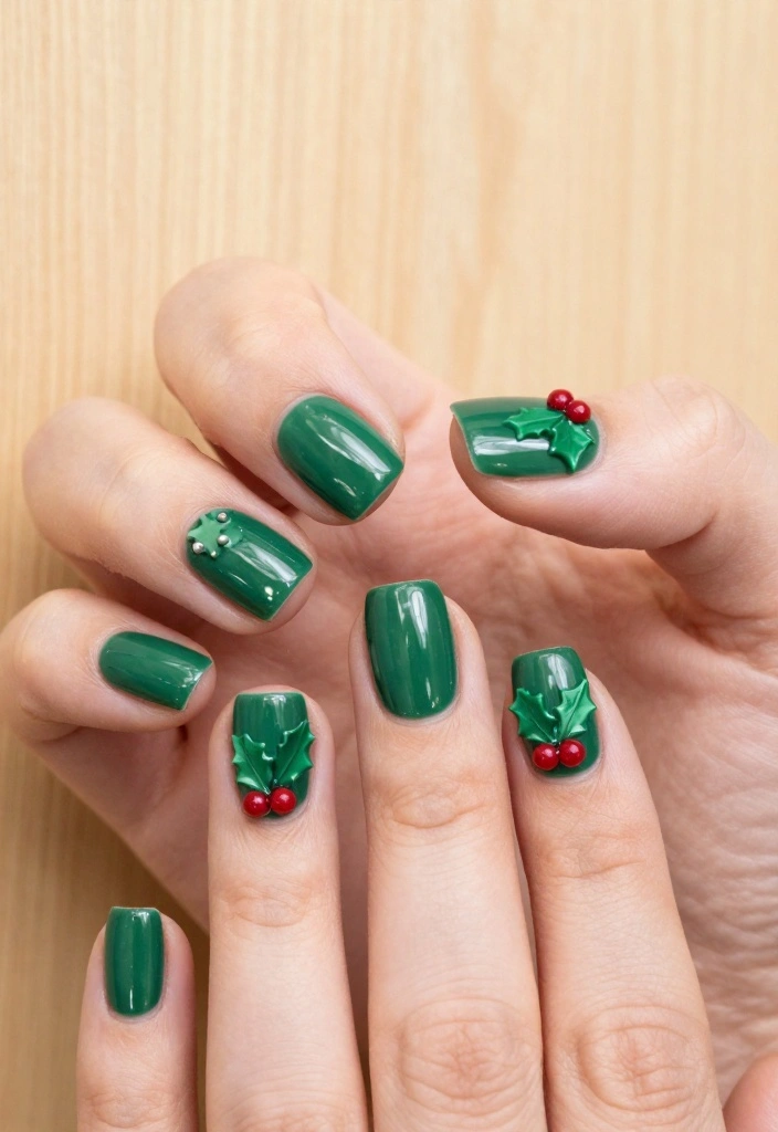 10 Festive Short Nails for Christmas That’ll Have Everyone Asking Where You Got Them! - 3. Festive Green with Holly Accents 1