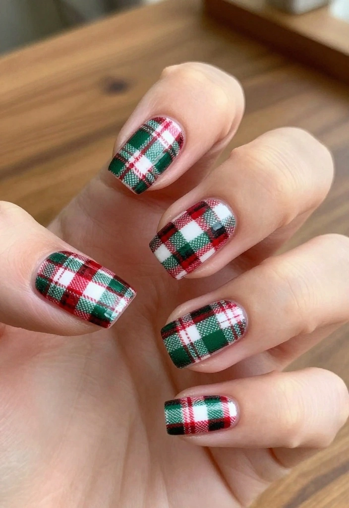 10 Festive Short Nails for Christmas That’ll Have Everyone Asking Where You Got Them! - 8. Festive Plaid Patterns 1