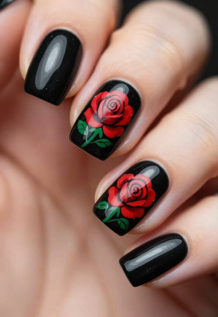 10 Gorgeous Rose Nail Art Looks That Last All Week (Say Goodbye to Chips!) - 1. Classic Red Roses on Glossy Black 1