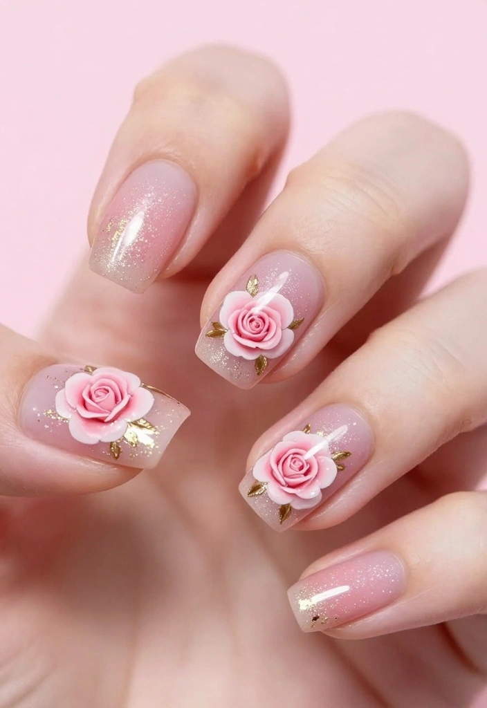 10 Gorgeous Rose Nail Art Looks That Last All Week (Say Goodbye to Chips!) - 2. Soft Pink Roses with Gold Accents 1