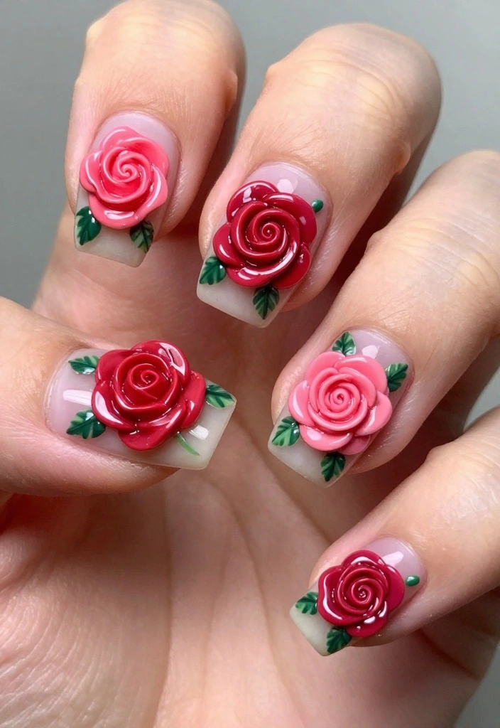 10 Gorgeous Rose Nail Art Looks That Last All Week (Say Goodbye to Chips!) - 5. 3D Rose Nail Art 1
