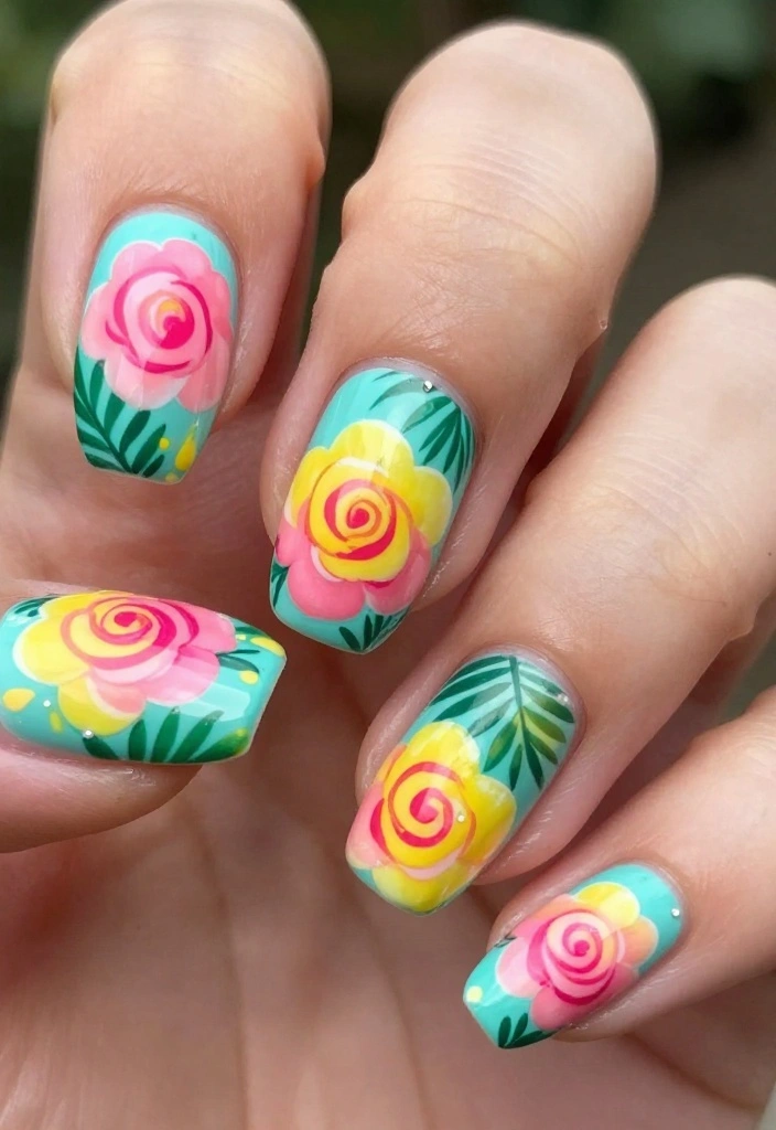 10 Gorgeous Rose Nail Art Looks That Last All Week (Say Goodbye to Chips!) - 7. Tropical Rose Nail Art 1
