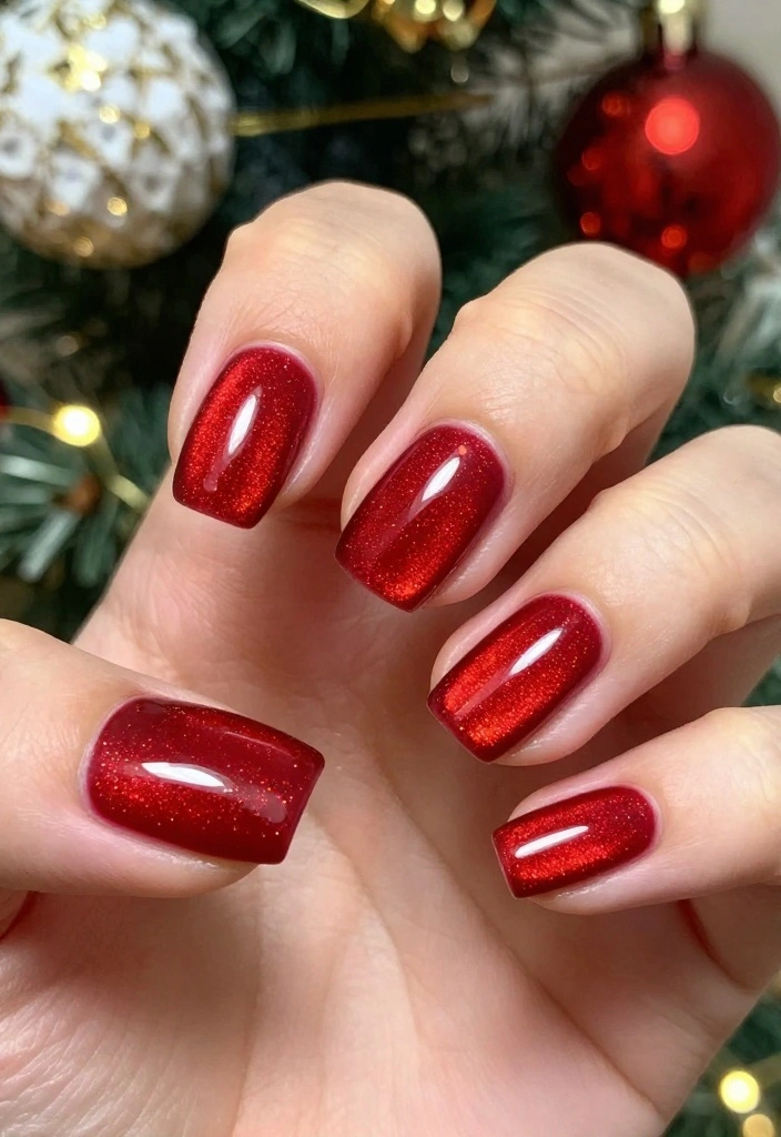 10 Jaw-Dropping Cat Eye Christmas Nails That Will Leave Everyone in Awe! - 2. Sparkling Red Elegance 1