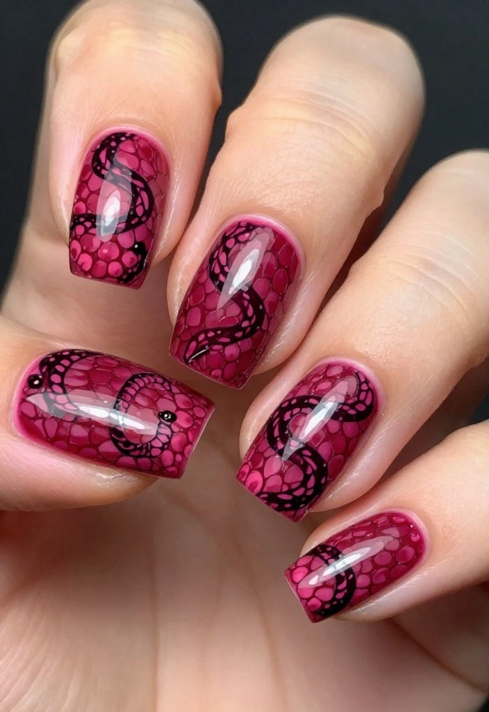 10 Raspberry Nail Designs That Will Make You Swoon (You'll Want to Try #3!) - 10. Raspberry Snake Print 1
