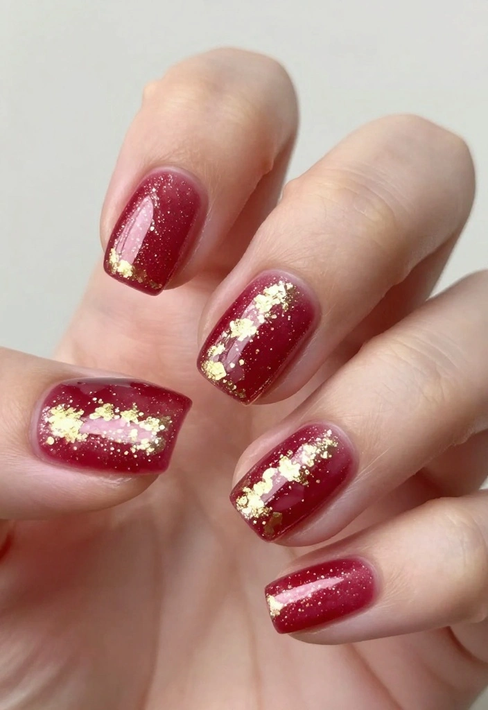 10 Raspberry Nail Designs That Will Make You Swoon (You'll Want to Try #3!) - 5. Raspberry with Gold Foil 1