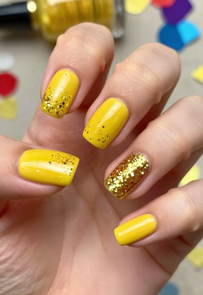 10 Stunning Yellow Nail Designs That Will Brighten Your Summer Vibe! - 7. Golden Glitter Accents 1