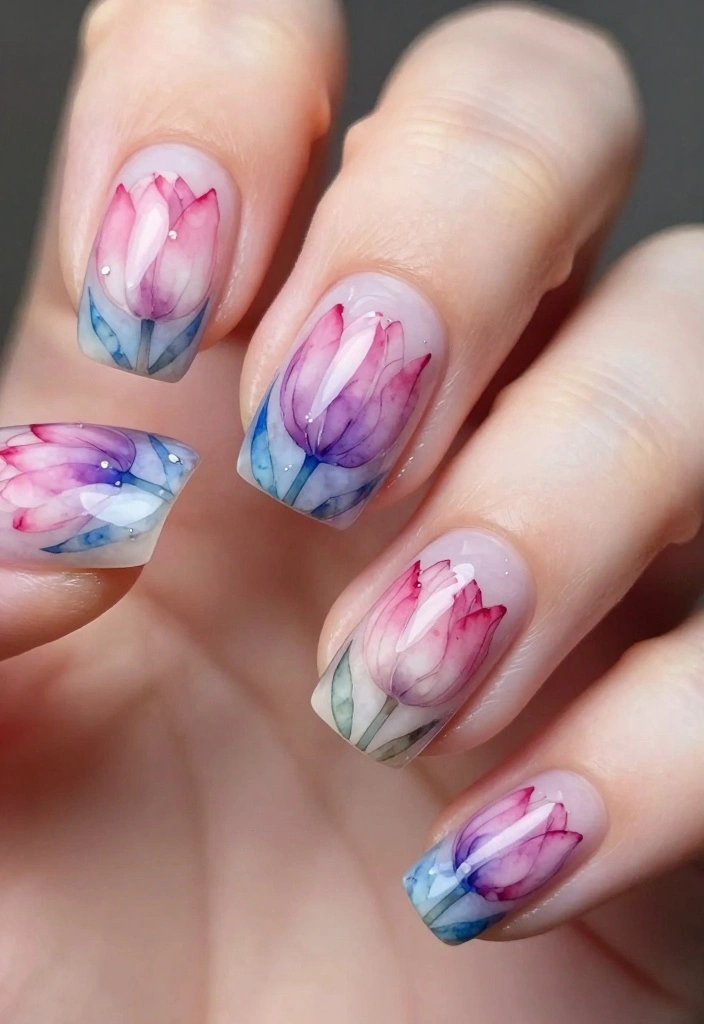 10 Trendy Tulip Nails Designs to Try This Season (Your Friends Will Be Jealous!) - 3. Artistic Watercolor Tulips 1