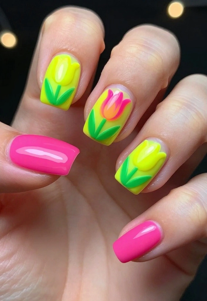10 Trendy Tulip Nails Designs to Try This Season (Your Friends Will Be Jealous!) - 5. Neon Tulip Party 1