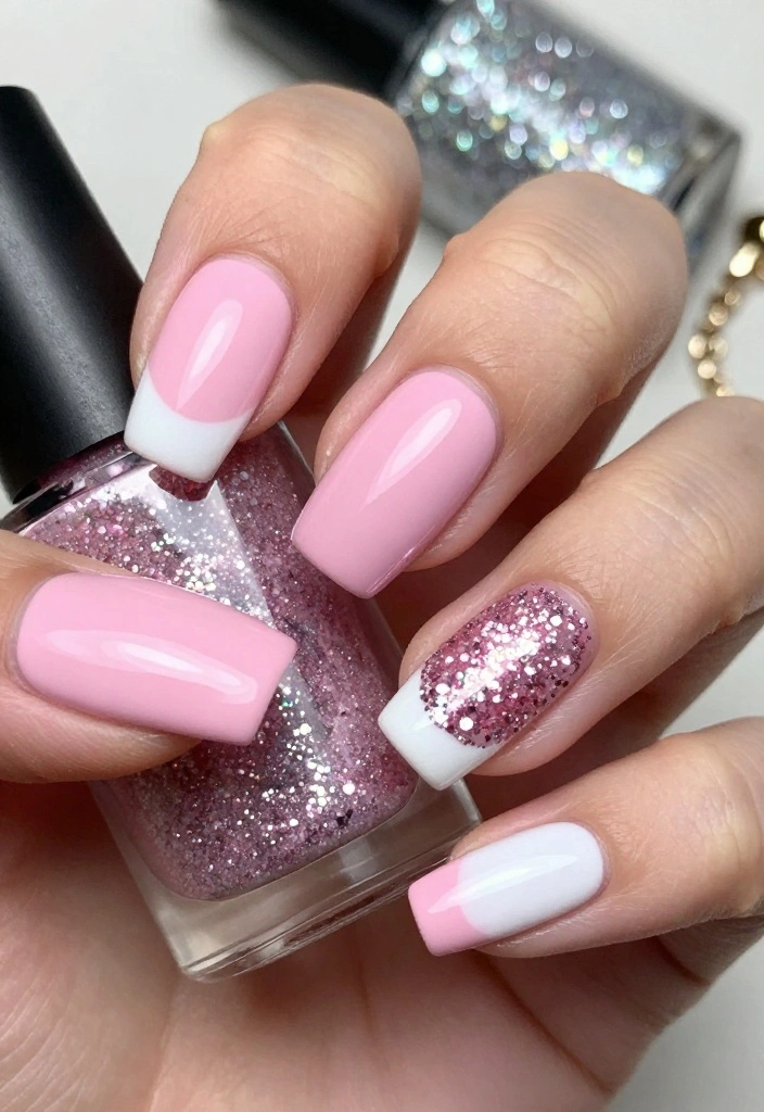 11 DIY Pink and White Nails That Are So Simple, You'll Want to Do Them All! - 5. Sparkly Accent Nails 1