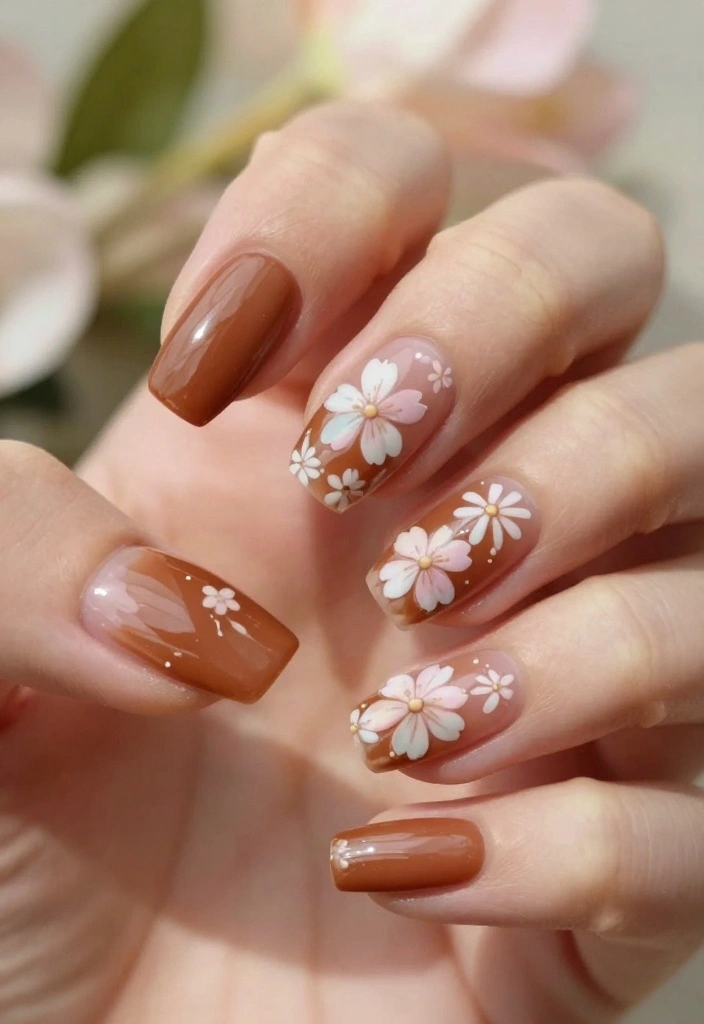 11 Unique Brown Almond Nails That Will Inspire Your Next Manicure (Don't Miss #2!) - 6. Floral Fantasy 1