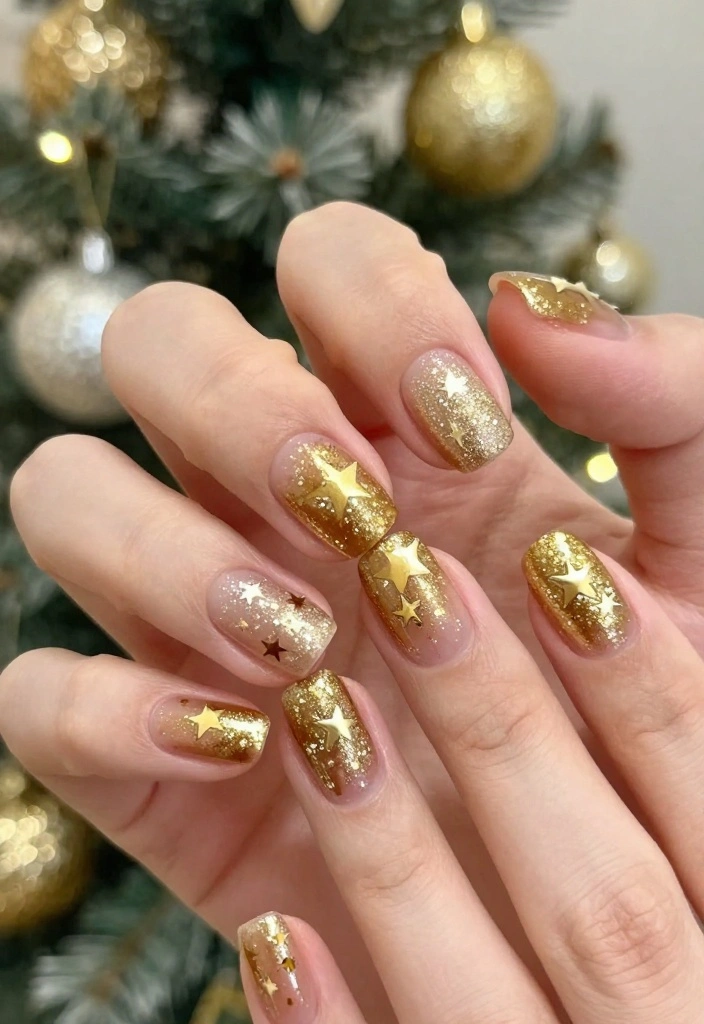 12 Easy DIY Christmas Nails That Will Make You Feel Like a Holiday Queen! - 3. Glittery Gold Stars 1