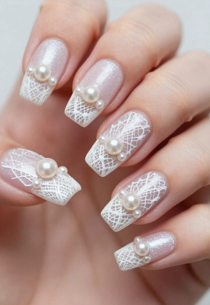 12 Elegant White Lace Nails Designs for a Chic Look (Wait Until You See #6!) - 10. Shimmering White Lace with Pearls 1