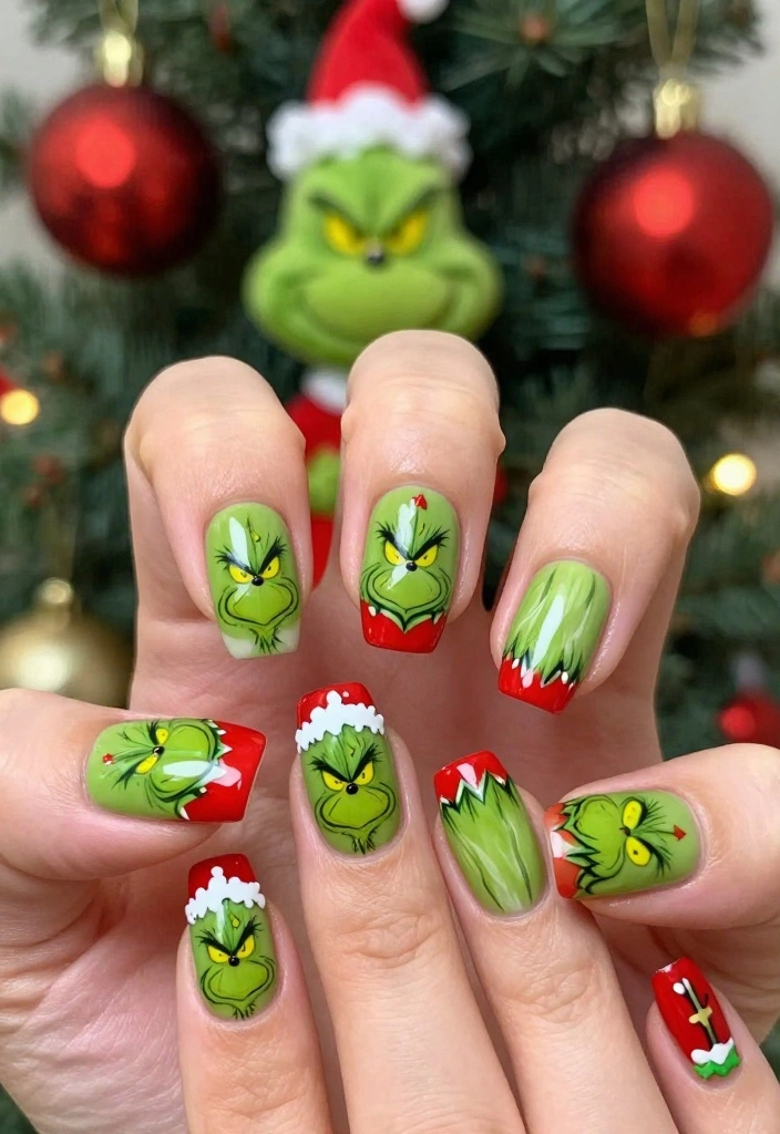 12 Festive Christmas French Tip Nails That Will Steal the Show at Any Holiday Party! - 10. The Grinch-Inspired Look 1