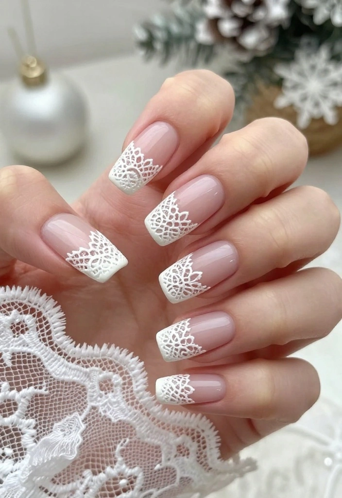 12 Festive Christmas French Tip Nails That Will Steal the Show at Any Holiday Party! - 11. Elegant White Lace French Tips 1