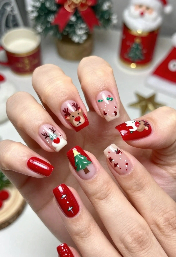 12 Festive Christmas French Tip Nails That Will Steal the Show at Any Holiday Party! - 12. Reindeer & Christmas Tree Accents 1
