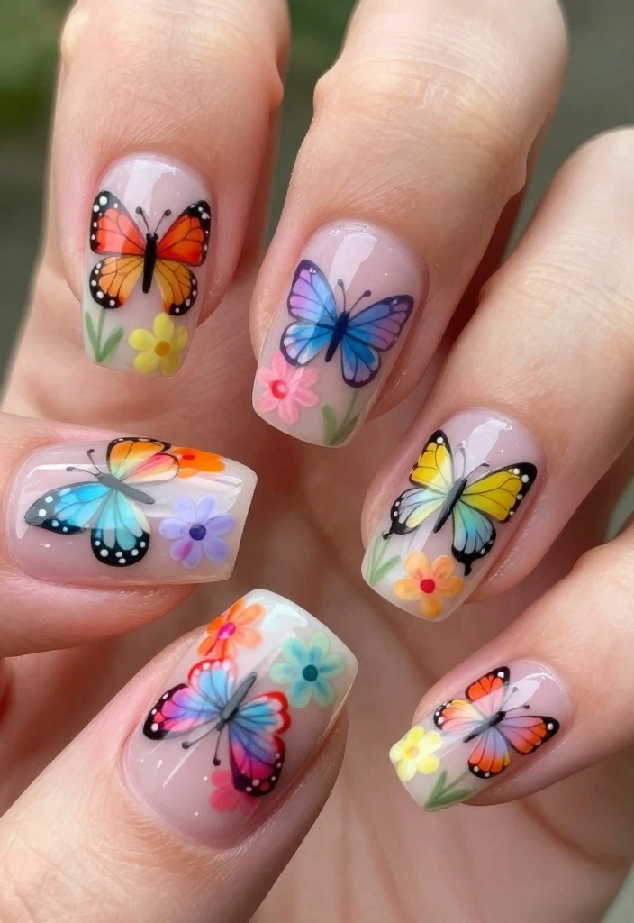 12 Gorgeous Flower Nail Art Ideas to Bring Spring to Your Fingertips! - 10. Butterfly and Flower Combo 1
