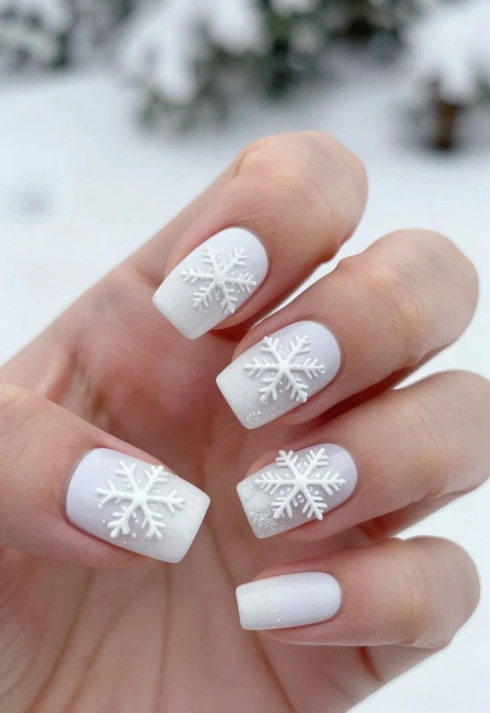 12 Inspiration for Gorgeous White Winter Nails All Season Long! - 2. Snowflake Accent Nails 1