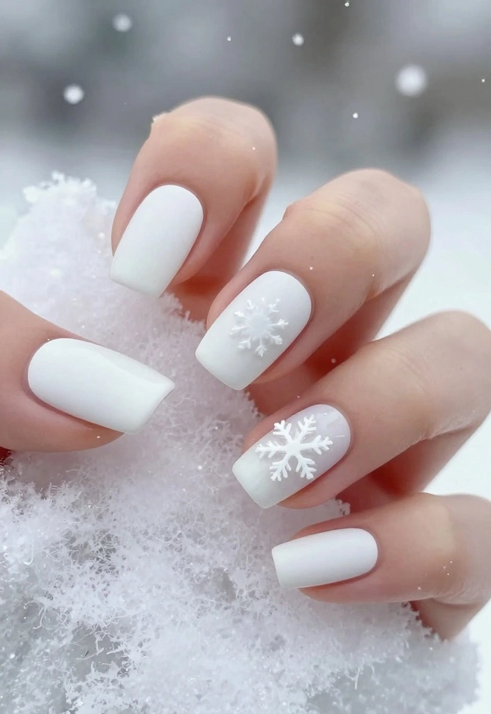 12 Inspiration for Gorgeous White Winter Nails All Season Long! - 3. Matte White with Glossy Snowflakes 1