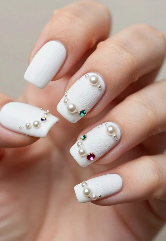 12 Inspiration for Gorgeous White Winter Nails All Season Long! - 4. Textured White with Pearls and Gems 1