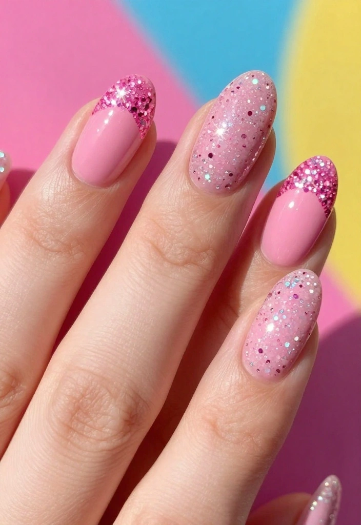 12 Pink Tip Nails That Are Not Just Pretty, but Healthy Too! - 11. Sparkly Stacked Pink Tips 1