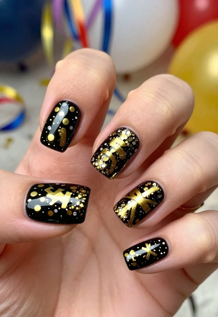 12 Simple Winter Nails Ideas: Stamping and Painting for Beginners! - 12. New Year’s Celebration Nails 1