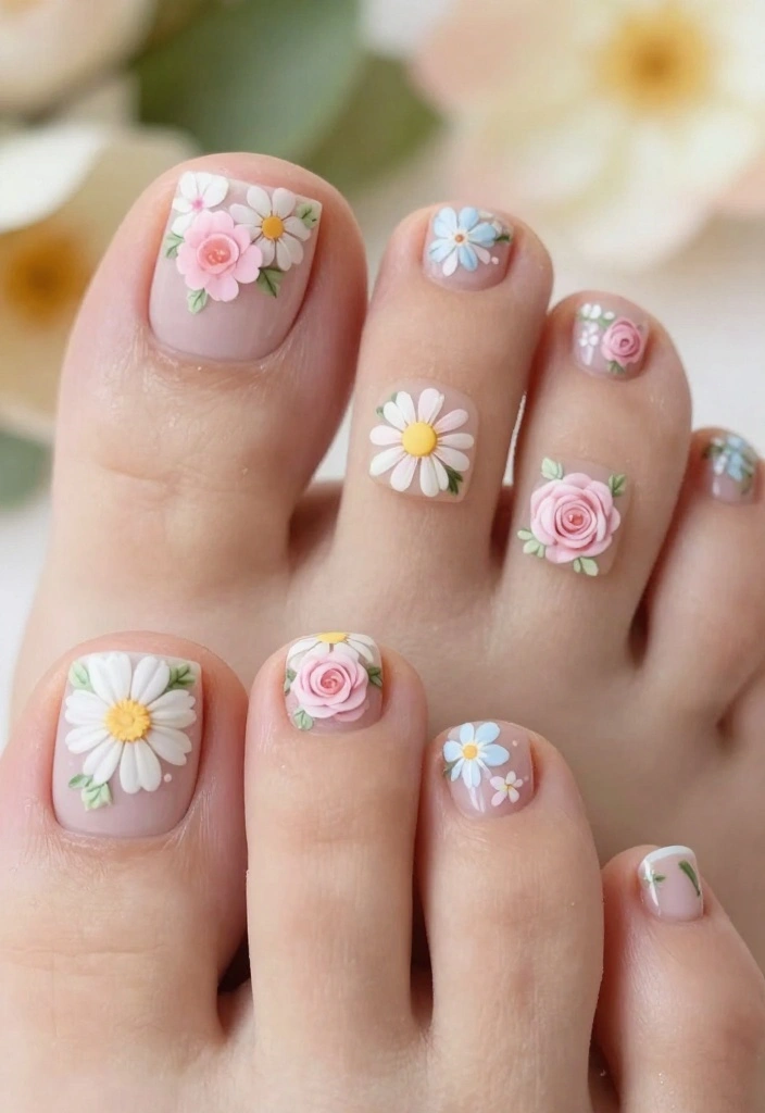 13 Acrylic Toe Nail Designs That'll Make Your Day! - 4. Floral Fantasy 1