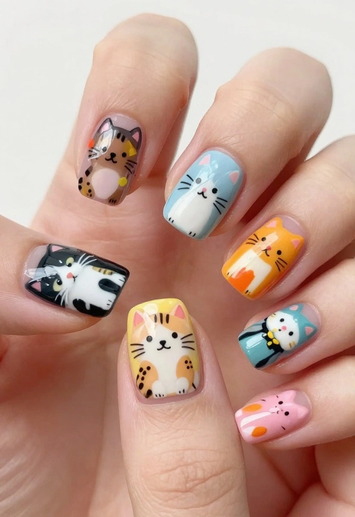 13 Cat Nail Art Designs Every Cat Lover Needs to Try Right Now! - 4. Whimsical Cat Illustrations 1
