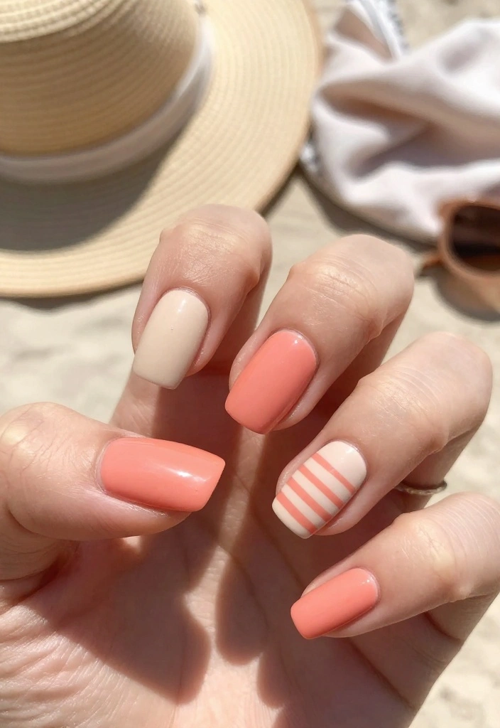 13 Chic Color Combinations for Light Nails to Try Right Now! - 11. Soft Coral and Light Beige 1