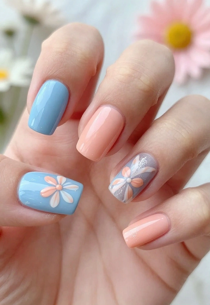 13 Chic Color Combinations for Light Nails to Try Right Now! - 4. Baby Blue and Peach 1