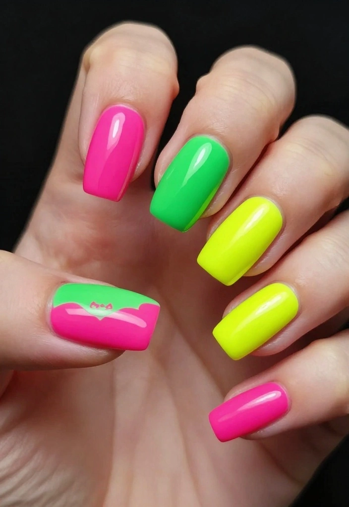 13 DIY Bat Nails Ideas to Get You Ready for the Creepiest Season! - 12. Neon Bat Nails 1