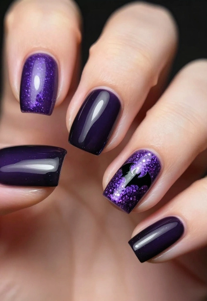 13 DIY Bat Nails Ideas to Get You Ready for the Creepiest Season! - 2. Glittery Bat Accent Nails 1