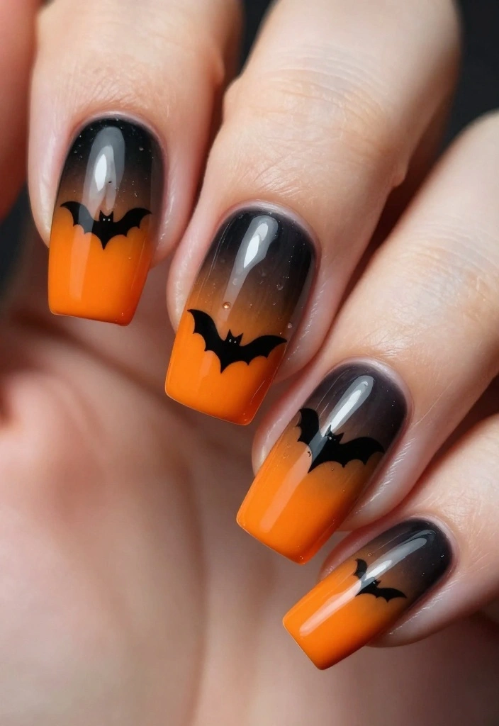 13 DIY Bat Nails Ideas to Get You Ready for the Creepiest Season! - 4. Spooky Ombre Bat Nails 1