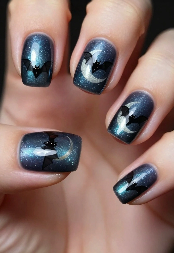 13 DIY Bat Nails Ideas to Get You Ready for the Creepiest Season! - 5. Bat and Moon Combo 1