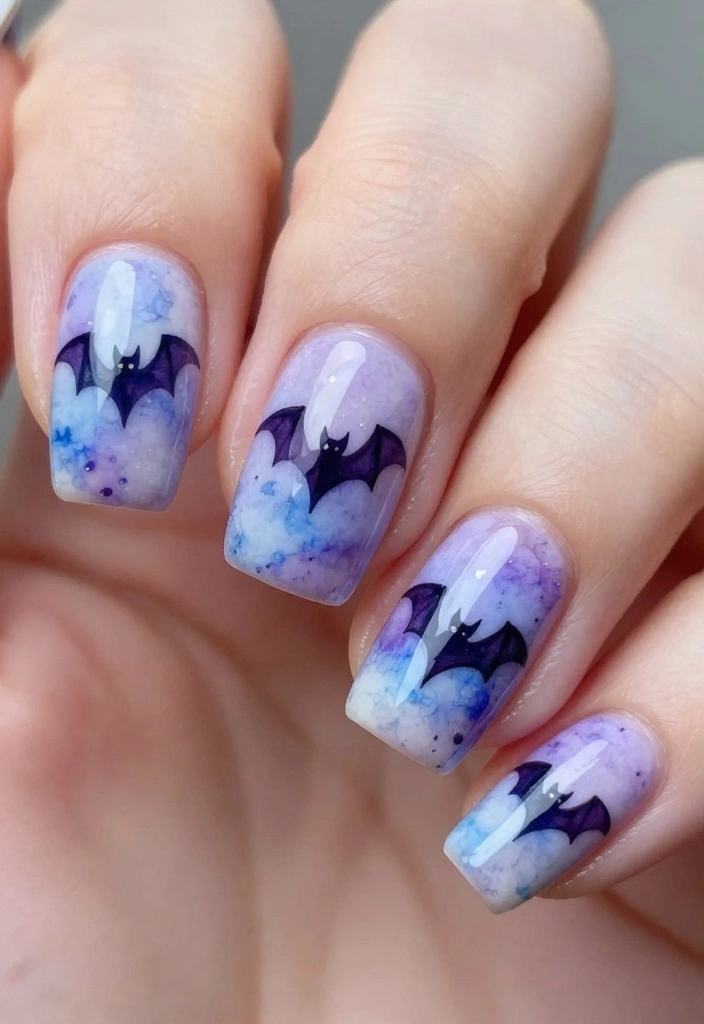 13 DIY Bat Nails Ideas to Get You Ready for the Creepiest Season! - 6. Watercolor Bat Designs 1