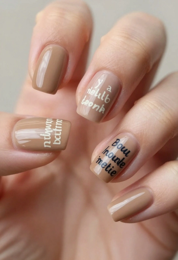 13 Flawless Tan Nails For Your Next Nail Art Adventure - 12. Text Art on Tan Nails 1