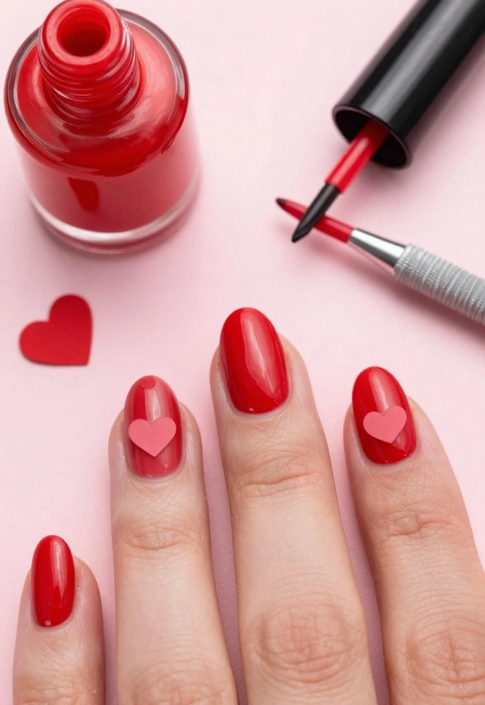 13 Gorgeous DIY Almond Nails in Red. I LOVE THESE! - 12. Red Almonds with Heart Accents 1