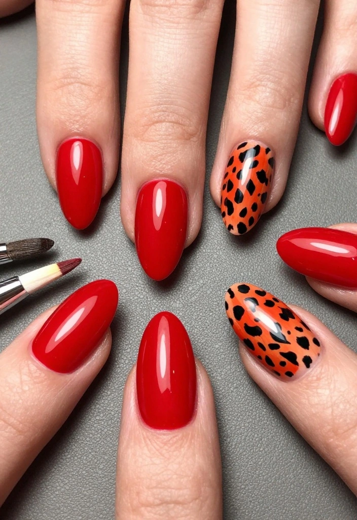 13 Gorgeous DIY Almond Nails in Red. I LOVE THESE! - 13. Red Almonds with Animal Print 1