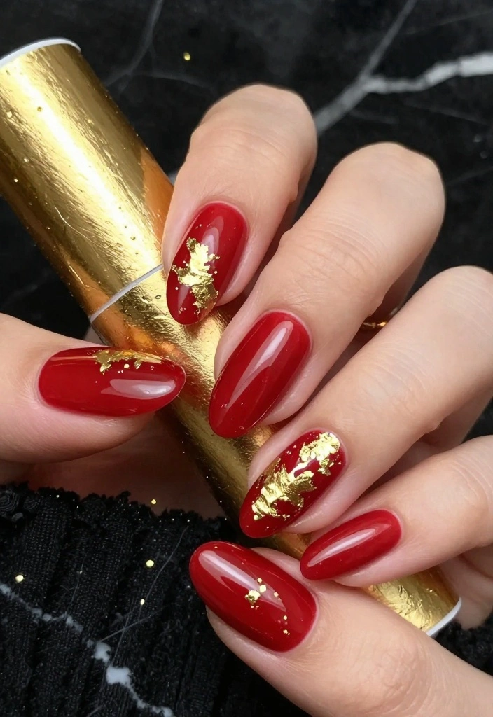 13 Gorgeous DIY Almond Nails in Red. I LOVE THESE! - 3. Red Almonds with Gold Foil Accents 1