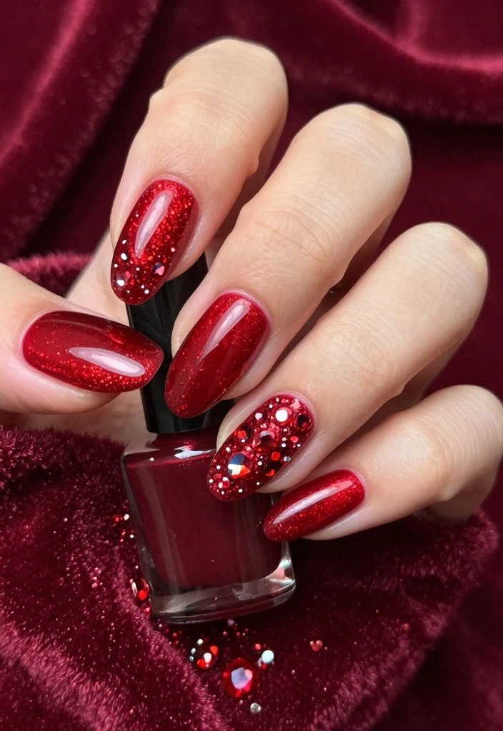 13 Gorgeous DIY Almond Nails in Red. I LOVE THESE! - 5. Red Almonds with Rhinestones 1