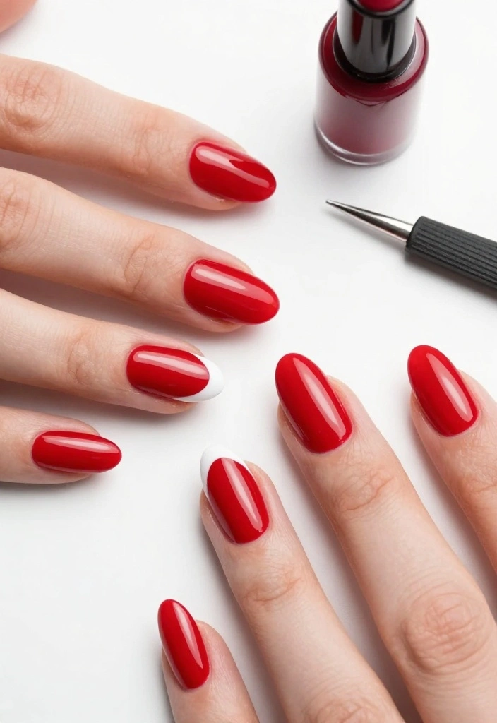 13 Gorgeous DIY Almond Nails in Red. I LOVE THESE! - 6. Red Almonds with White Tips 1