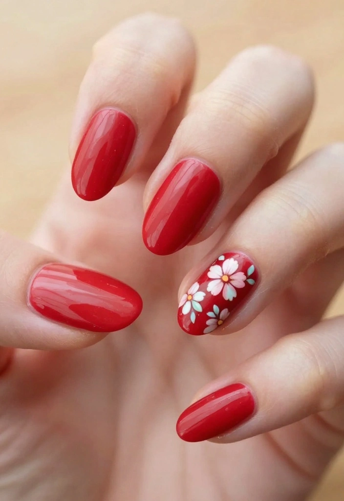13 Gorgeous DIY Almond Nails in Red. I LOVE THESE! - 7. Red Almonds with Floral Designs 1