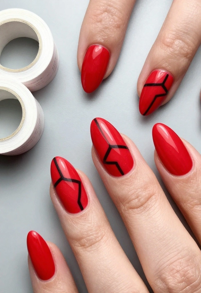 13 Gorgeous DIY Almond Nails in Red. I LOVE THESE! - 9. Red Almonds with Geometric Designs 1