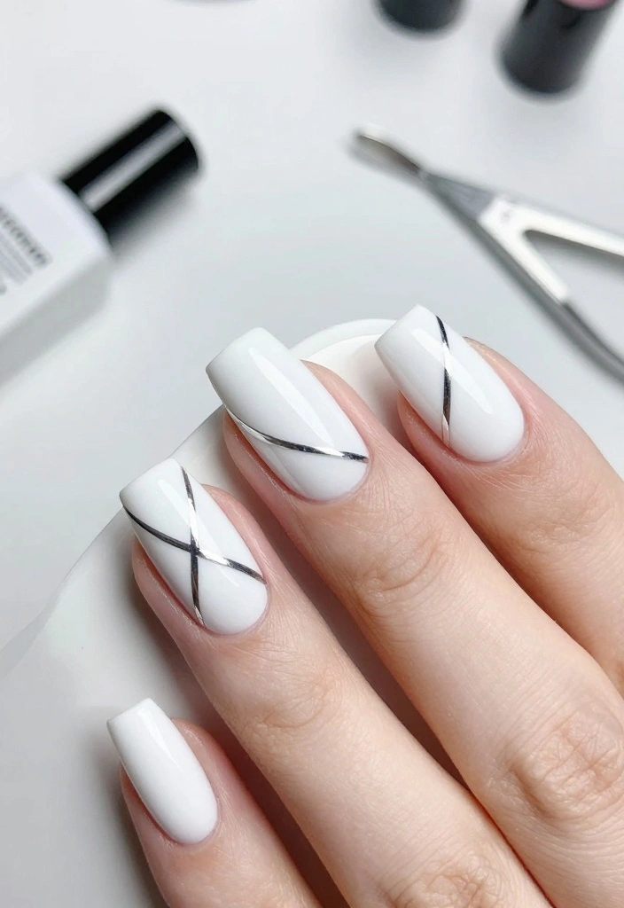 13 Ideas for Achieving the Perfect White and Silver Nails (Your Friends Will Ask for #8!) - 2. Geometric Silver Accents 1