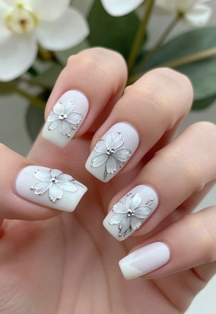 13 Ideas for Achieving the Perfect White and Silver Nails (Your Friends Will Ask for #8!) - 4. Floral Silver Designs 1