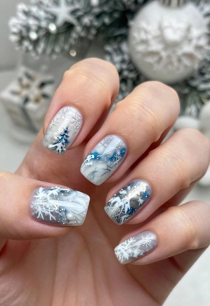 13 Sparkly Christmas Nails to Elevate Your Holiday Look (You Won't Believe #7!) - 12. Winter Wonderland Marble Effect 1