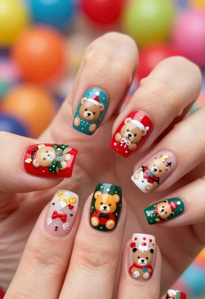 13 Trendy Teddy Bear Nails That Will Steal the Show This Season! - 11. Seasonal Teddy Bear Designs 1