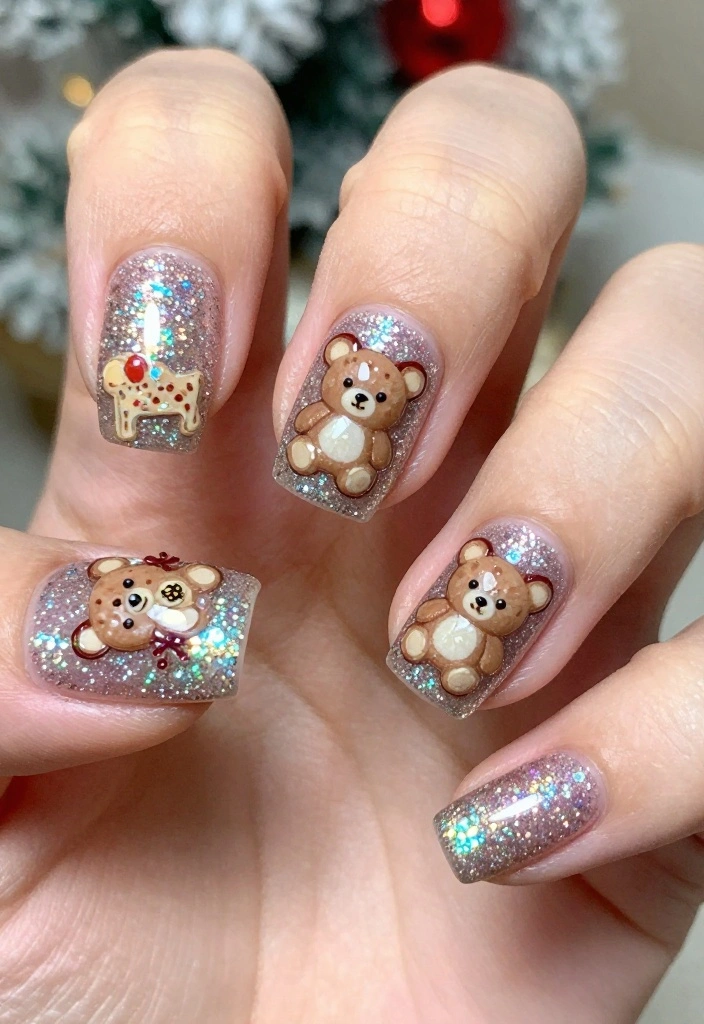 13 Trendy Teddy Bear Nails That Will Steal the Show This Season! - 5. Glitter Teddy Bears 1